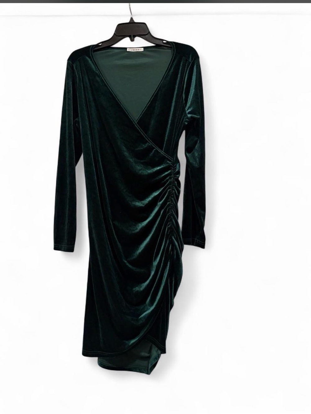 XL Velvet Wrap Ruched Long-Sleeve Dress - Emerald Green